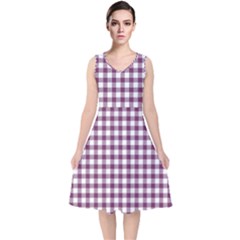 Straight Purple White Small Plaids  V-neck Midi Sleeveless Dress  by ConteMonfrey