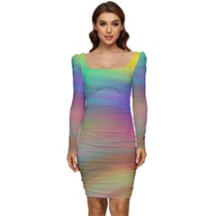 Background-rainbow Women Long Sleeve Ruched Stretch Jersey Dress