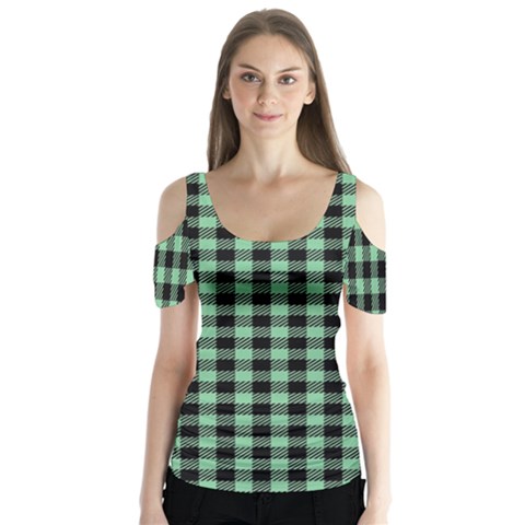 Straight Green Black Small Plaids   Butterfly Sleeve Cutout Tee  by ConteMonfrey