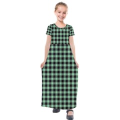 Straight Green Black Small Plaids   Kids  Short Sleeve Maxi Dress by ConteMonfrey