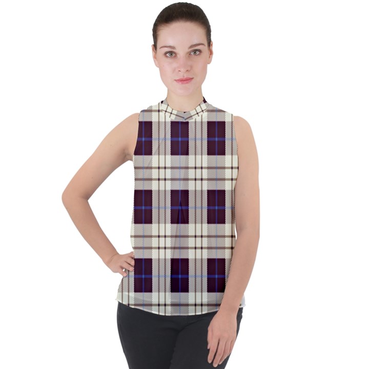 Purple, blue and white plaids Mock Neck Chiffon Sleeveless Top