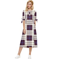 Purple, Blue And White Plaids Bow Sleeve Chiffon Midi Dress by ConteMonfrey