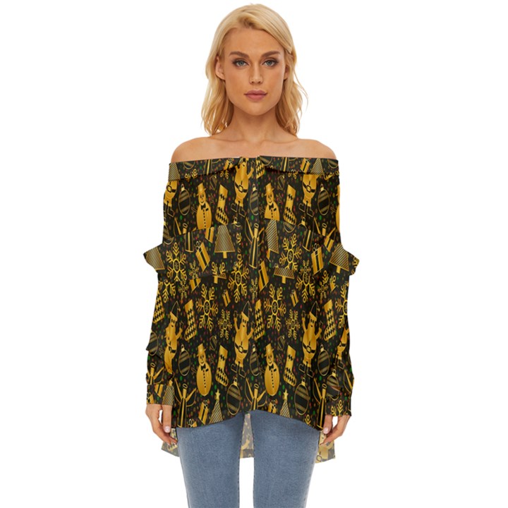 Christmas Off Shoulder Chiffon Pocket Shirt