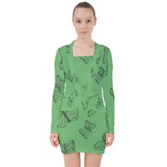 Green Nature Pattern V-neck Bodycon Long Sleeve Dress by Wegoenart