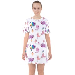 Fish Squid Bird Jellyfish Chicken Sixties Short Sleeve Mini Dress by Wegoenart