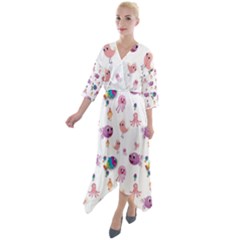 Fish Squid Bird Jellyfish Chicken Quarter Sleeve Wrap Front Maxi Dress by Wegoenart