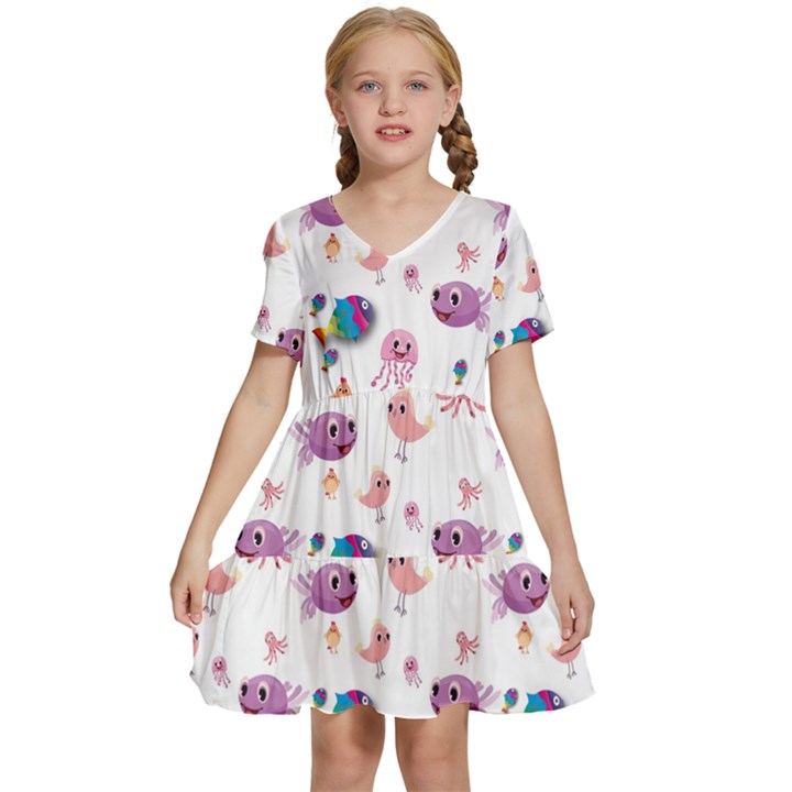 Fish Squid Bird Jellyfish Chicken Kids  Short Sleeve Tiered Mini Dress