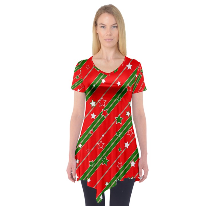 Xmash Christmas Stars Red Background Star Short Sleeve Tunic 