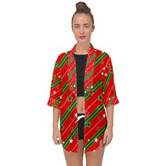 Xmash Christmas Stars Red Background Star Open Front Chiffon Kimono by Wegoenart