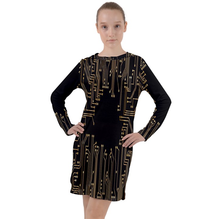 Circuit-board Long Sleeve Hoodie Dress