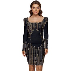 Circuit-board Women Long Sleeve Ruched Stretch Jersey Dress