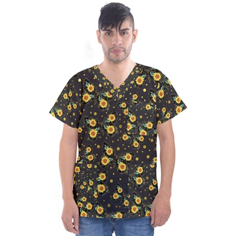 Nature Pattern Texture Flower Wing Men s V-neck Scrub Top by Wegoenart