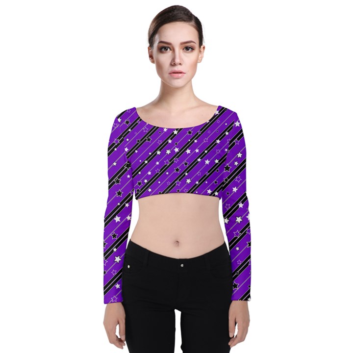 Xmas Christmas Stars Background Star Velvet Long Sleeve Crop Top