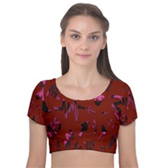 Doodles Maroon Velvet Short Sleeve Crop Top 