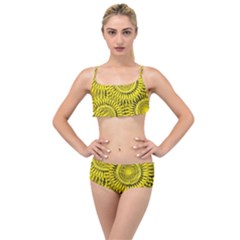 Yellow Abstract Sun Pattern Background Layered Top Bikini Set by Wegoenart