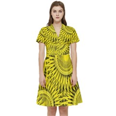 Yellow Abstract Sun Pattern Background Short Sleeve Waist Detail Dress by Wegoenart