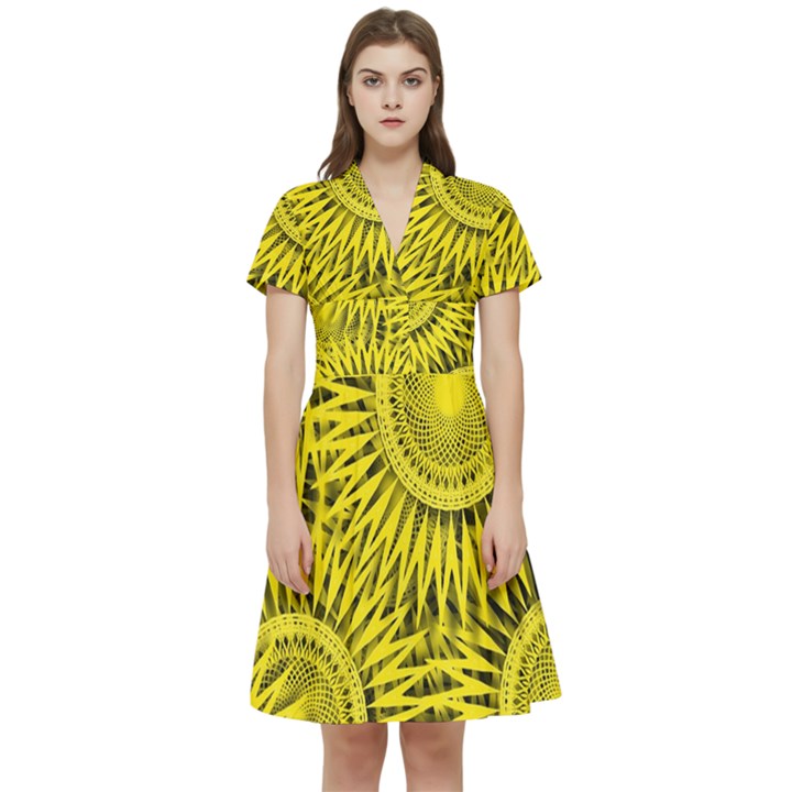 Yellow Abstract Sun Pattern Background Short Sleeve Waist Detail Dress