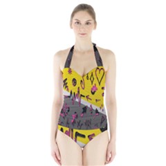 Doodles,gray Halter Swimsuit by nateshop