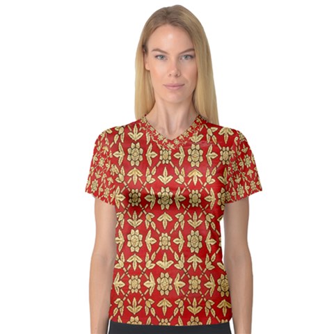 Gold-red Flower V-neck Sport Mesh Tee by nateshop