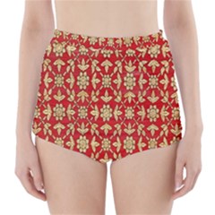 Gold-red Flower High-waisted Bikini Bottoms