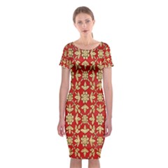 Gold-red Flower Classic Short Sleeve Midi Dress by nateshop