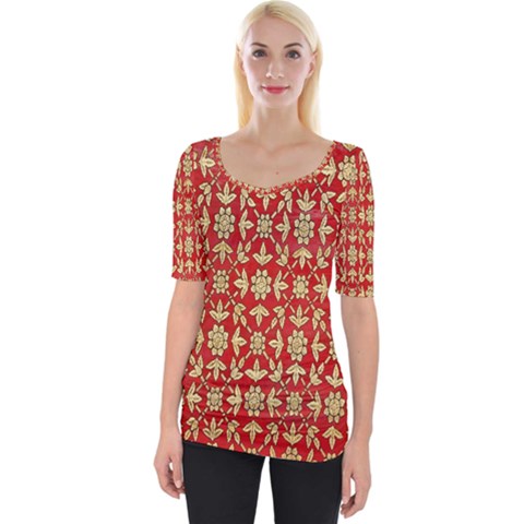 Gold-red Flower Wide Neckline Tee by nateshop