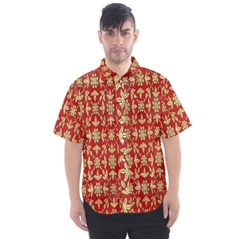 Gold-red Flower Men s Short Sleeve Shirt by nateshop