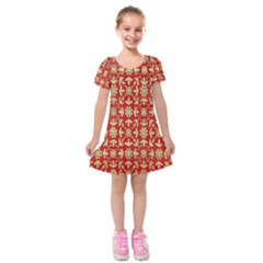 Gold-red Flower Kids  Short Sleeve Velvet Dress by nateshop