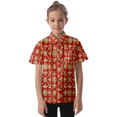 Gold-red Flower Kids  Short Sleeve Shirt