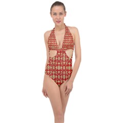 Gold-red Flower Halter Front Plunge Swimsuit by nateshop