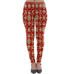 Gold-red Flower Lightweight Velour Leggings by nateshop