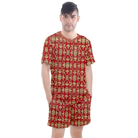 Gold-red Flower Men s Mesh Tee And Shorts Set by nateshop