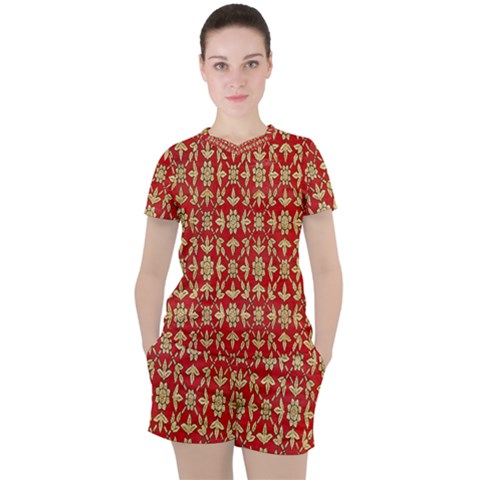 Gold-red Flower Women s Tee And Shorts Set by nateshop