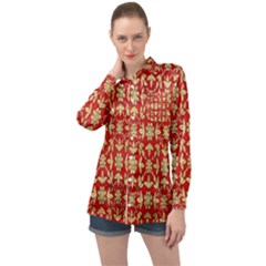 Gold-red Flower Long Sleeve Satin Shirt