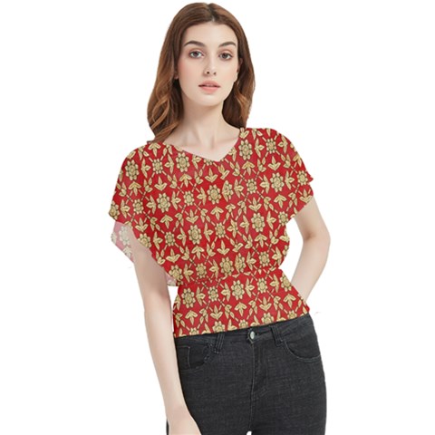 Gold-red Flower Butterfly Chiffon Blouse by nateshop