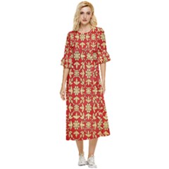 Gold-red Flower Double Cuff Midi Dress by nateshop