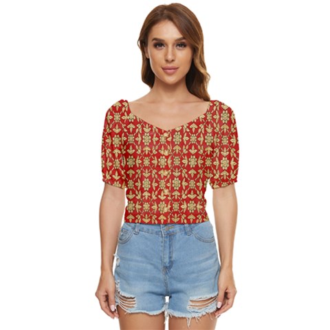 Gold-red Flower Button Up Blouse by nateshop