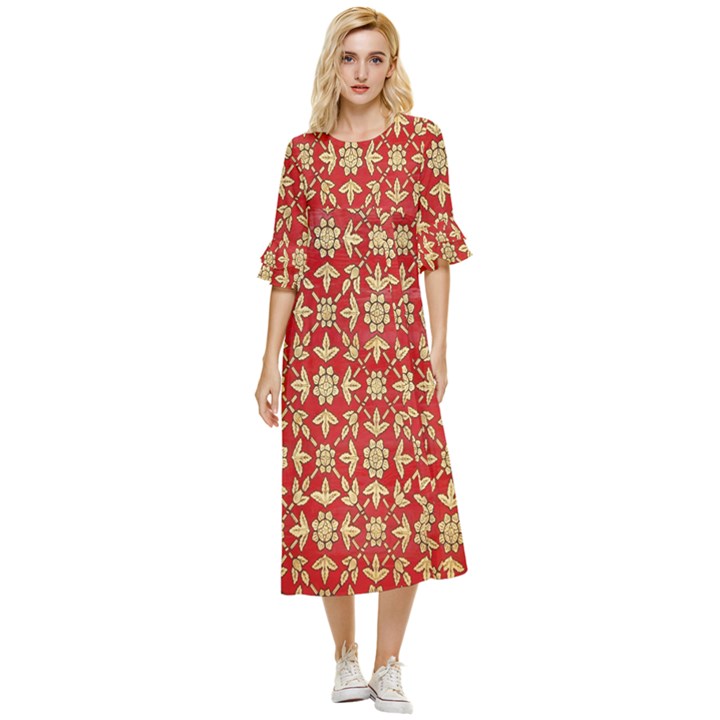 Gold-red Flower Double Cuff Midi Dress