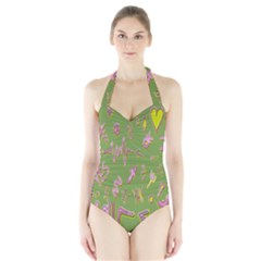 Green Yes Pink Halter Swimsuit by nateshop