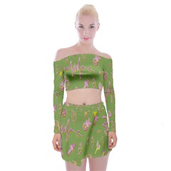 Green Yes Pink Off Shoulder Top With Mini Skirt Set by nateshop