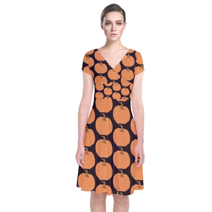 Black And Orange Pumpkin Short Sleeve Front Wrap Dress