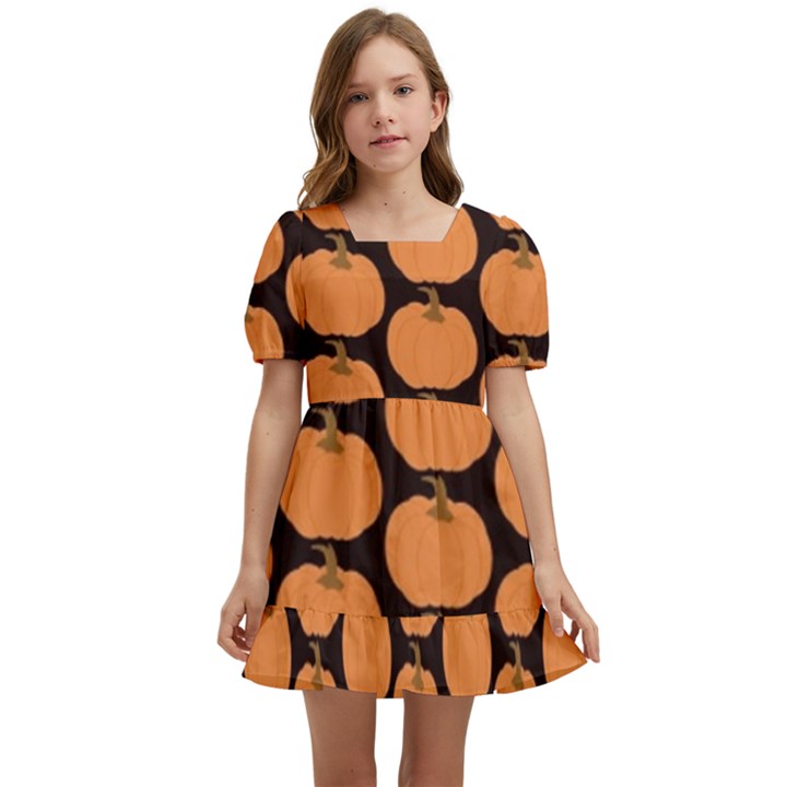 Black And Orange Pumpkin Kids  Short Sleeve Dolly Dress