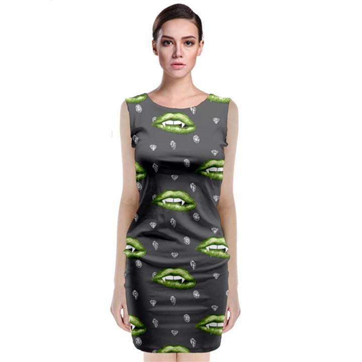 Green Vampire Mouth - Halloween Modern Decor Sleeveless Velvet Midi Dress