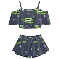 Green Vampire Mouth - Halloween Modern Decor Kids  Off Shoulder Skirt Bikini by ConteMonfrey