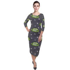 Green Vampire Mouth - Halloween Modern Decor Quarter Sleeve Midi Velour Bodycon Dress by ConteMonfrey