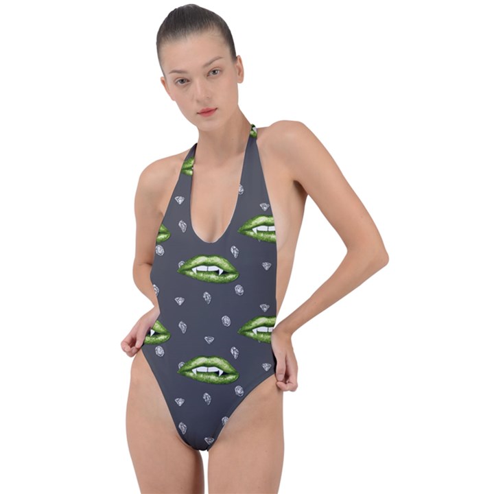 Green Vampire Mouth - Halloween Modern Decor Backless Halter One Piece Swimsuit