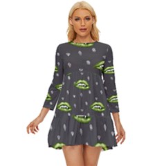 Green Vampire Mouth - Halloween Modern Decor Long Sleeve Babydoll Dress by ConteMonfrey