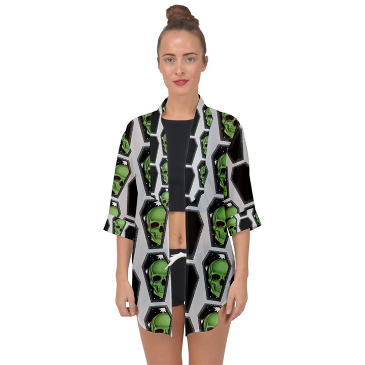 Coffins And Skulls - Modern Halloween Decor  Open Front Chiffon Kimono