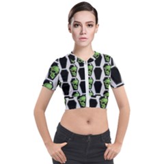 Coffins And Skulls - Modern Halloween Decor  Short Sleeve Cropped Jacket by ConteMonfrey