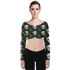 Green Roses And Skull - Romantic Halloween   Velvet Long Sleeve Crop Top by ConteMonfrey